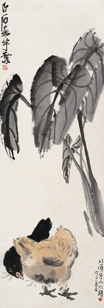 徐悲鸿齐白石合作 芋叶双鸡图 102×34.5cm 1948年 荣宝斋藏