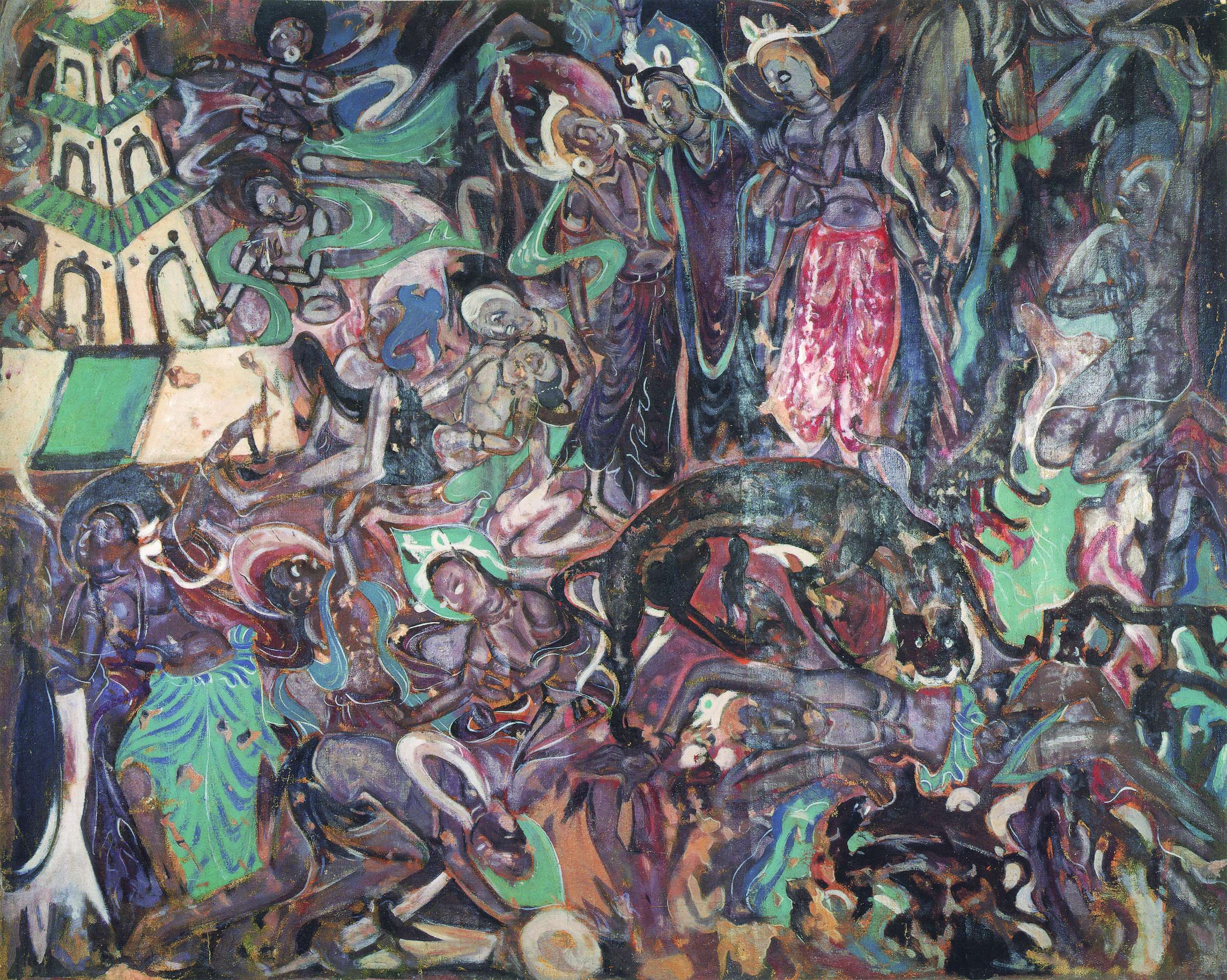 《萨埵那舍身饲虎-敦煌壁画莫高窟北魏第254窟》  常书鸿   1944画心：长77.3cm   宽98cm外边：长105.5cm   宽130.5cm纸本设色